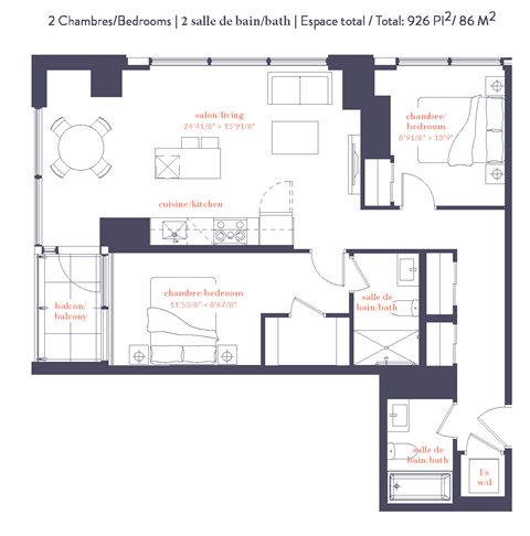 A floor plan of a two bedroom apartment with a total area of 926 square feet.